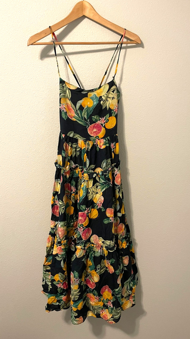 Cara Cara Dress Womens XS Black Fruit Floral Tiered Maxi Sundress FLAW
